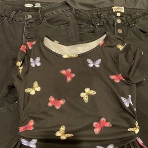 Two pairs of Jeans black high waisted pre loved & butterfly crop top brand new.
